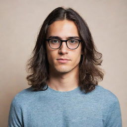 Portrait of a young man sporting black glasses and long hair, embodying a classic eclectic style