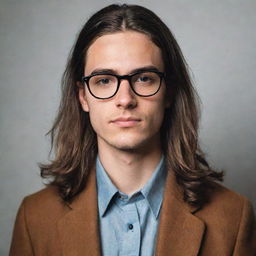 Portrait of a young man sporting black glasses and long hair, embodying a classic eclectic style