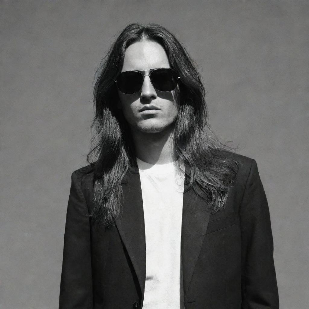 Portrait of a young man with long hair and black sunglasses, exuding a vibe of nonchalant cool