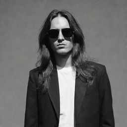 Portrait of a young man with long hair and black sunglasses, exuding a vibe of nonchalant cool