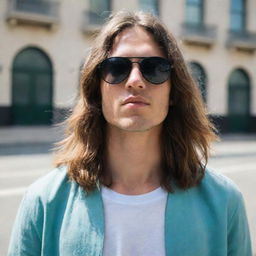 Portrait of a young man with long hair and black sunglasses, exuding a vibe of nonchalant cool