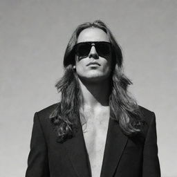 Portrait of a young man with long hair and black sunglasses, exuding a vibe of nonchalant cool