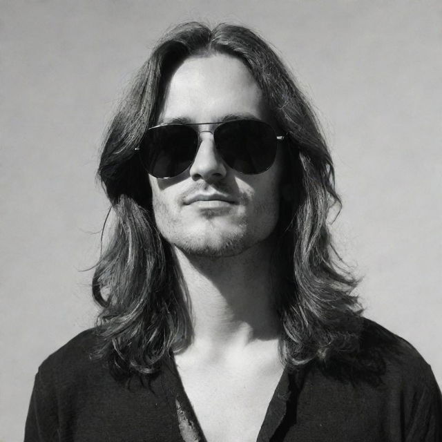 Portrait of a young man with long hair and black sunglasses, exuding a vibe of nonchalant cool