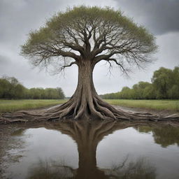 A surrealistic artwork showcasing a tree in a natural setting where water irrationally weaves through its branches and roots.