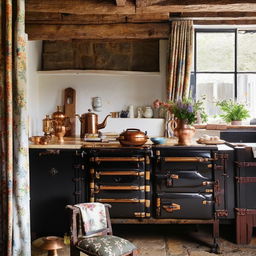 Quintessential British kitchen with Aga cooker, copper pots, teakettle, rustic wooden furniture, and floral curtains.