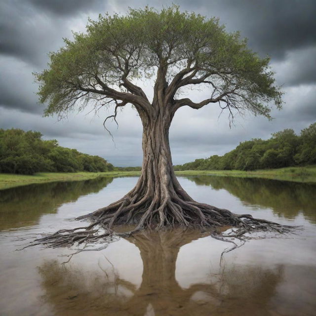 A surrealistic artwork showcasing a tree in a natural setting where water irrationally weaves through its branches and roots.