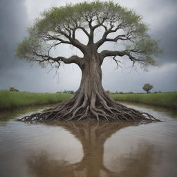 A surrealistic artwork showcasing a tree in a natural setting where water irrationally weaves through its branches and roots.