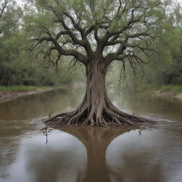 A surrealistic artwork showcasing a tree in a natural setting where water irrationally weaves through its branches and roots.