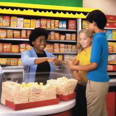 In the movie, the character goes to the counter to buy popcorn and the cashier checks out the items before receiving payment.