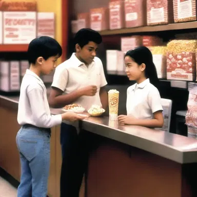 In the movie, the character goes to the counter to buy popcorn and the cashier checks out the items before receiving payment.