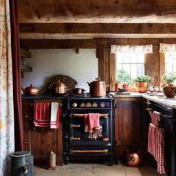 Quintessential British kitchen with Aga cooker, copper pots, teakettle, rustic wooden furniture, and floral curtains.