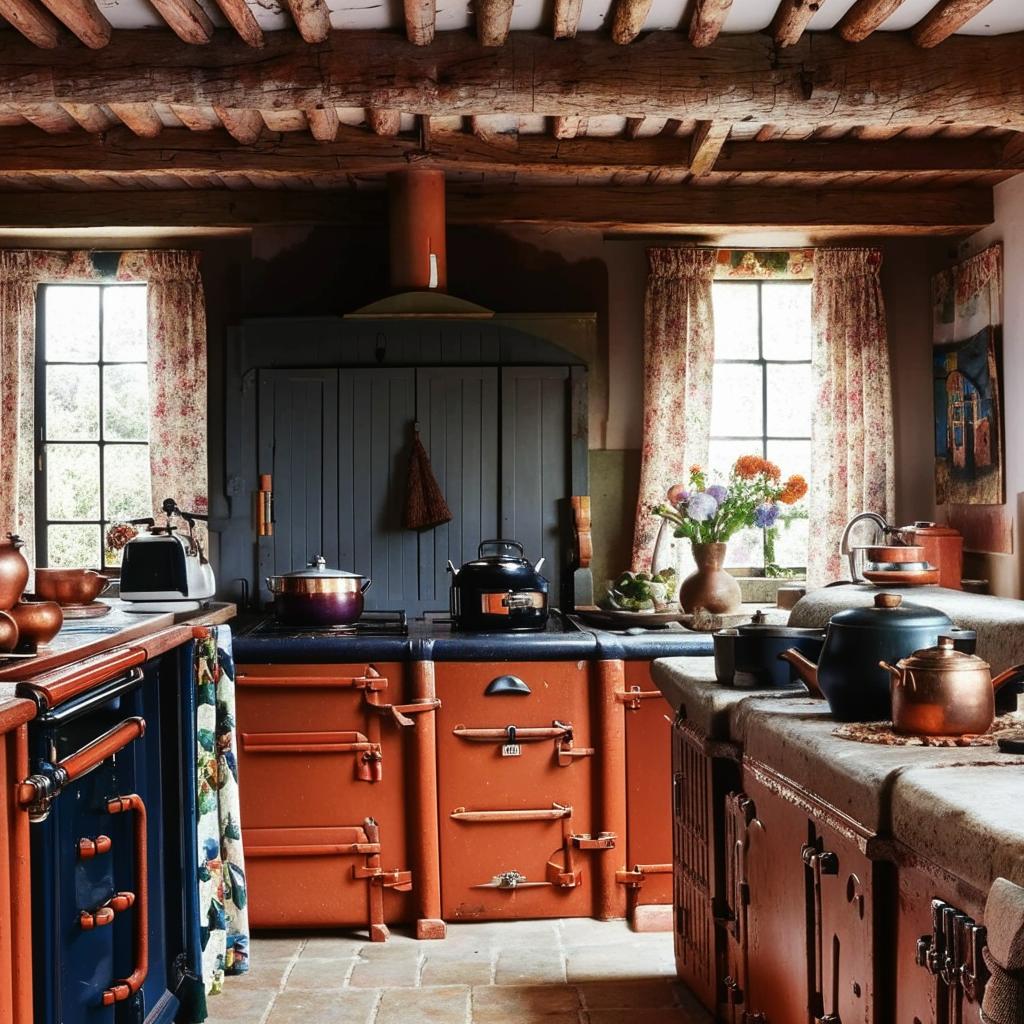 Quintessential British kitchen with Aga cooker, copper pots, teakettle, rustic wooden furniture, and floral curtains.