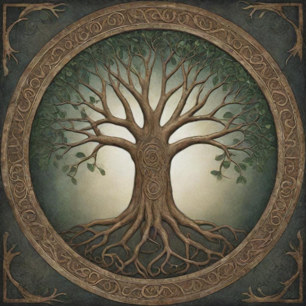 An abstract expression of the Norse mythological Tree of Life, Yggdrasil, amidst the grandeur of Valhalla.