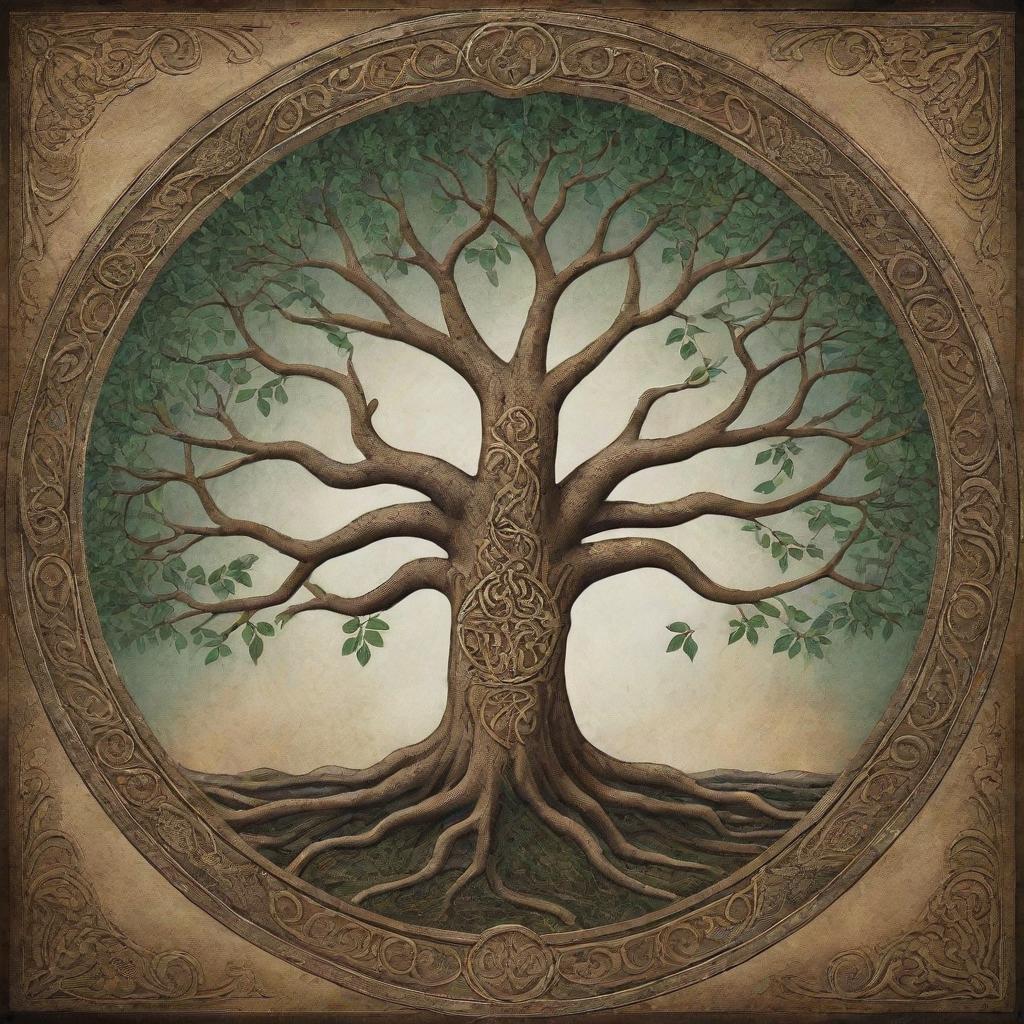 An abstract expression of the Norse mythological Tree of Life, Yggdrasil, amidst the grandeur of Valhalla.