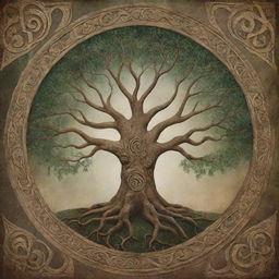 An abstract expression of the Norse mythological Tree of Life, Yggdrasil, amidst the grandeur of Valhalla.