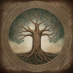 An abstract expression of the Norse mythological Tree of Life, Yggdrasil, amidst the grandeur of Valhalla.