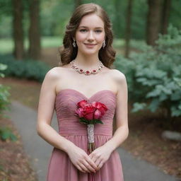 An elegant bridesmaid dress in old rose paired with sparkling ruby jewelry