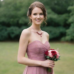 An elegant bridesmaid dress in old rose paired with sparkling ruby jewelry