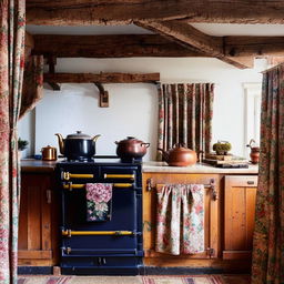 Quintessential British kitchen with Aga cooker, copper pots, teakettle, rustic wooden furniture, and floral curtains.