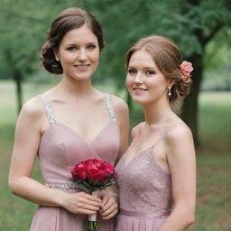 An elegant bridesmaid dress in old rose paired with sparkling ruby jewelry