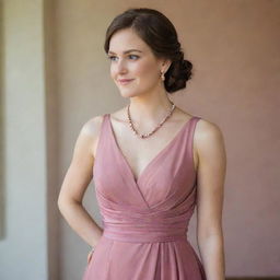 An elegant bridesmaid dress in old rose paired with sparkling ruby jewelry