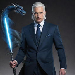 A tall and handsome individual with cool silver-white hair tied back, striking blue eyes, wearing a suit, and holding a dragon slayer sword.