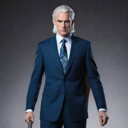 A tall and handsome individual with cool silver-white hair tied back, striking blue eyes, wearing a suit, and holding a dragon slayer sword.