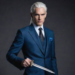 A tall and handsome individual with cool silver-white hair tied back, striking blue eyes, wearing a suit, and holding a dragon slayer sword.