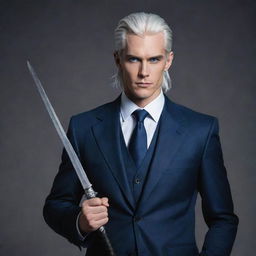 A tall and handsome individual with cool silver-white hair tied back, striking blue eyes, wearing a suit, and holding a dragon slayer sword.