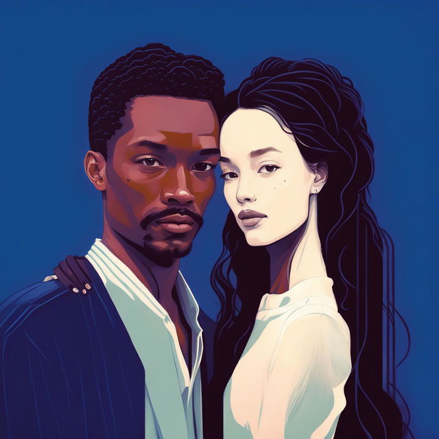 A detailed digital illustration of an interracial couple, featuring a white man and a woman of a different race