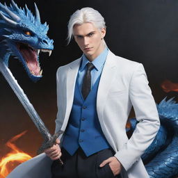 An anime representation of a tall, handsome boy with cool, silver-white hair, tied back, vibrant blue eyes, adressed in a stylish suit, yielding a dragon slayer sword.