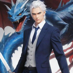 An anime representation of a tall, handsome boy with cool, silver-white hair, tied back, vibrant blue eyes, adressed in a stylish suit, yielding a dragon slayer sword.