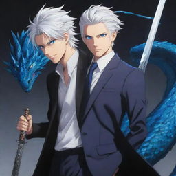 An anime representation of a tall, handsome boy with cool, silver-white hair, tied back, vibrant blue eyes, adressed in a stylish suit, yielding a dragon slayer sword.