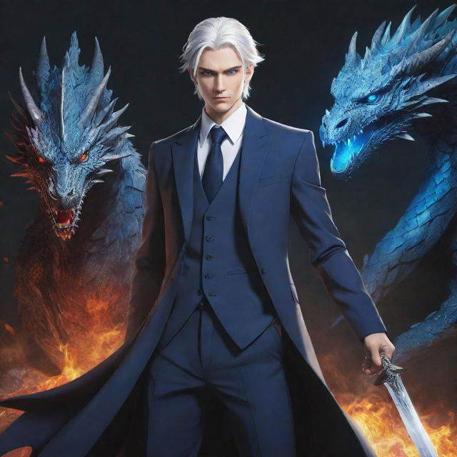 An anime representation of a tall, handsome boy with cool, silver-white hair, tied back, vibrant blue eyes, adressed in a stylish suit, yielding a dragon slayer sword.