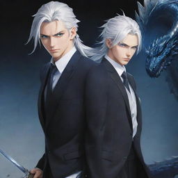 A tall, handsome anime boy with cool long silver-white hair tied back, piercing blue eyes, dressed in a sophisticated suit, wielding a formidable dragon slayer sword.