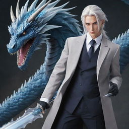 A tall, handsome anime boy with cool long silver-white hair tied back, piercing blue eyes, dressed in a sophisticated suit, wielding a formidable dragon slayer sword.