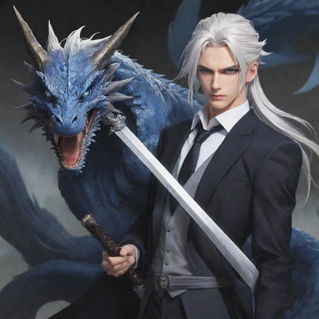 A tall, handsome anime boy with cool long silver-white hair tied back, piercing blue eyes, dressed in a sophisticated suit, wielding a formidable dragon slayer sword.