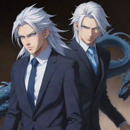 A tall, handsome anime boy with cool long silver-white hair tied back, piercing blue eyes, dressed in a sophisticated suit, wielding a formidable dragon slayer sword.