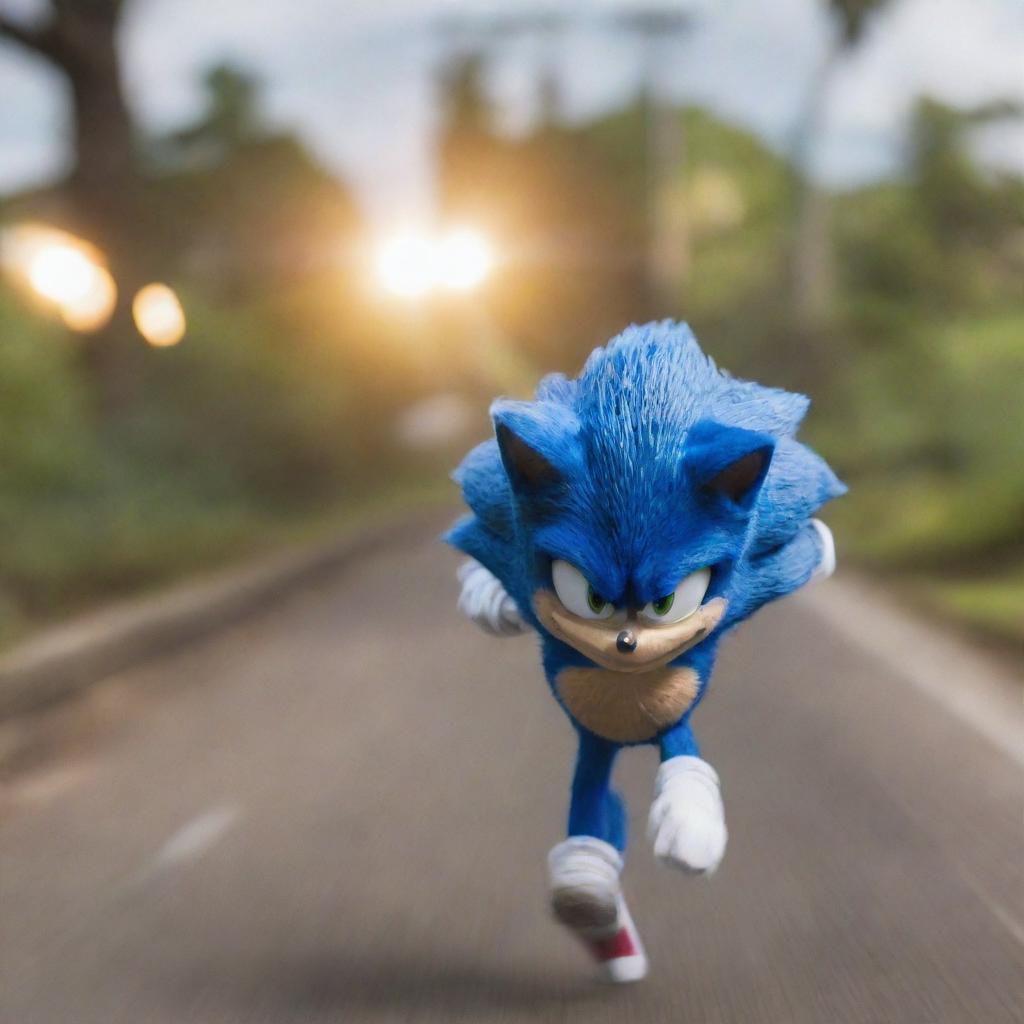 Sonic the Hedgehog running at the speed of light, blurring the surrounding environment with his sheer velocity.