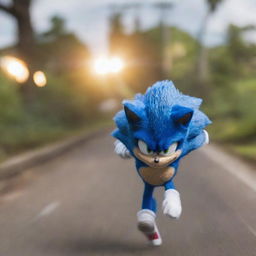 Sonic the Hedgehog running at the speed of light, blurring the surrounding environment with his sheer velocity.