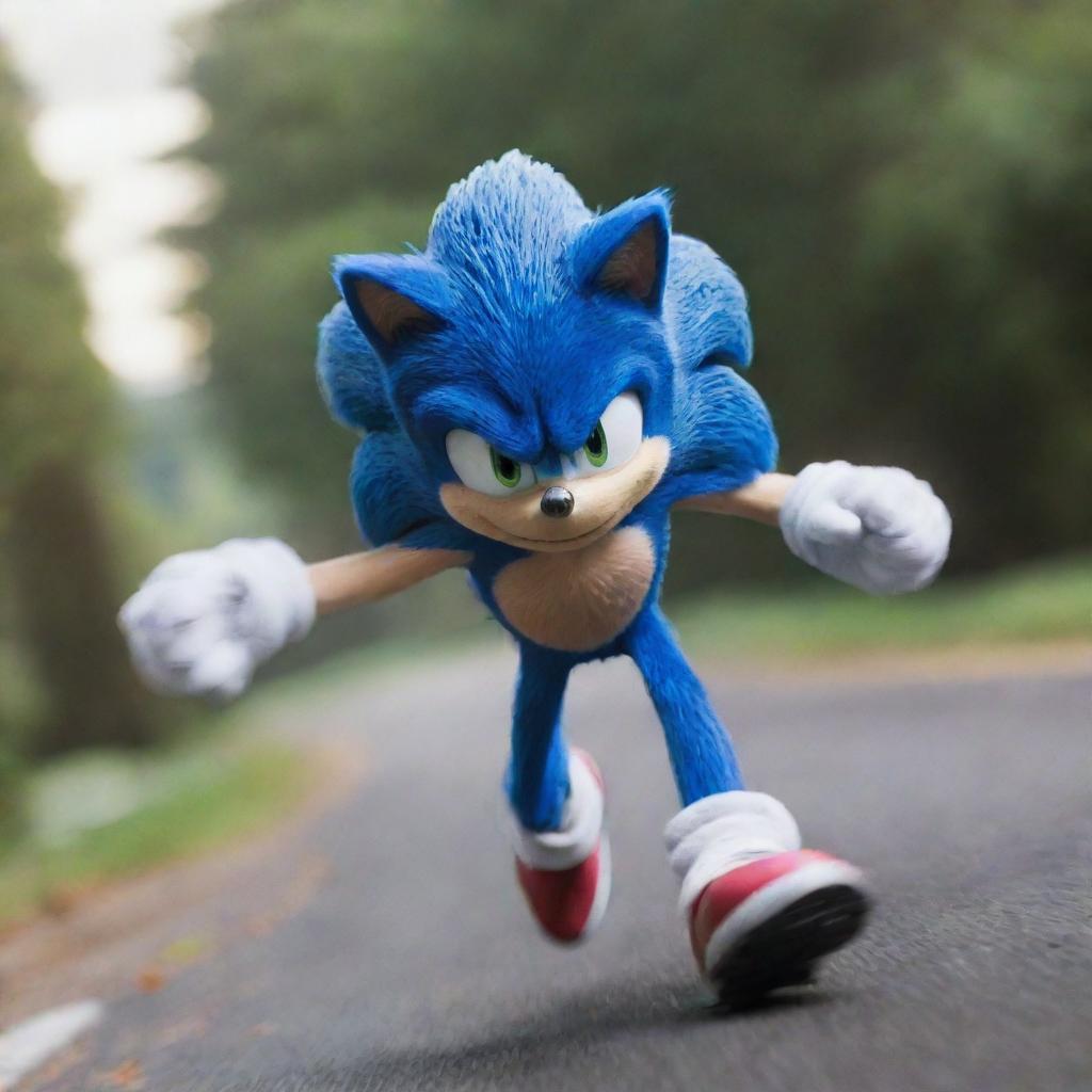 Sonic the Hedgehog running at the speed of light, blurring the surrounding environment with his sheer velocity.