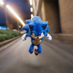 Sonic the Hedgehog running at the speed of light, blurring the surrounding environment with his sheer velocity.