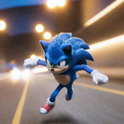 Sonic the Hedgehog running at the speed of light, blurring the surrounding environment with his sheer velocity.