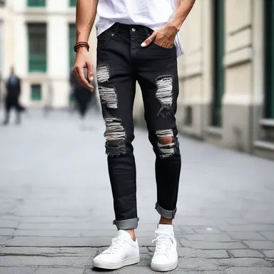 The new trend in fashion is to wear ripped jeans that show a bit of the shin.
