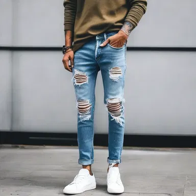 The new trend in fashion is to wear ripped jeans that show a bit of the shin.