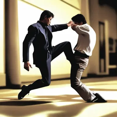 In the intense action scene, the protagonist skillfully kicked the villain in the shin, rendering him immobile.