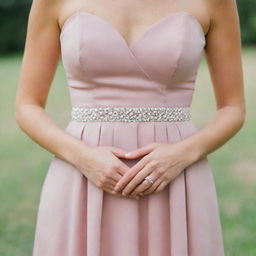 A graceful old rose-colored bridesmaid dress accessorized with classic pearl jewelry