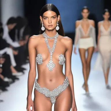The runway model flaunted her daring outfit, accessorizing it with a delicate shin necklace, adding a touch of elegance to her ensemble.