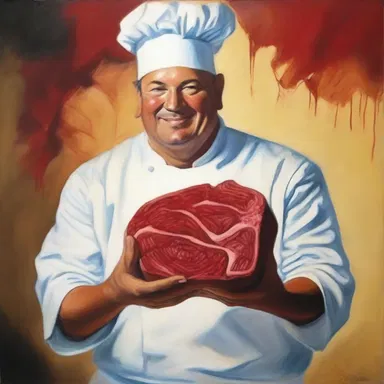 The painting depicted a chef holding a shin of beef.