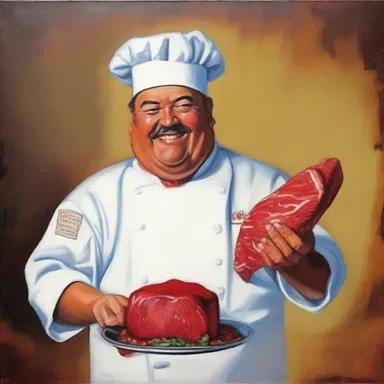 The painting depicted a chef holding a shin of beef.